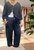 MADE IN ITALY NAVY BLUE FULL LEG LINEN CO-ORD WAVE PANELS CUFF HEM TROUSERS - ONESIZE FITS 10-18