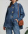 ZETA OTTO Mid blue acid wash thick denim shacket brooch embellished - Onesize will fit UK 10-20 ZETA OTTO Mid blue acid wash thick denim shacket brooch embellished - Onesize will fit UK 10-20