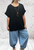 LMF Black Short Cap Sleeve Cheesecloth Smock Top  With Necklace - One Size Fits UK 10-18