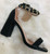 Black PU Faux Leather Gold Stud Ankle Strap Block Heel Shoes Size UK3-8