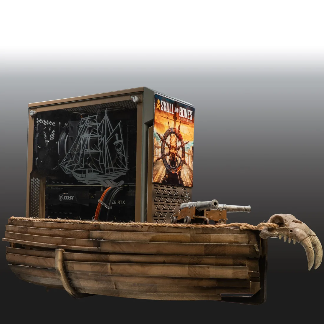 Pirate ship themed custom build with a carved wooden hull and figurehead