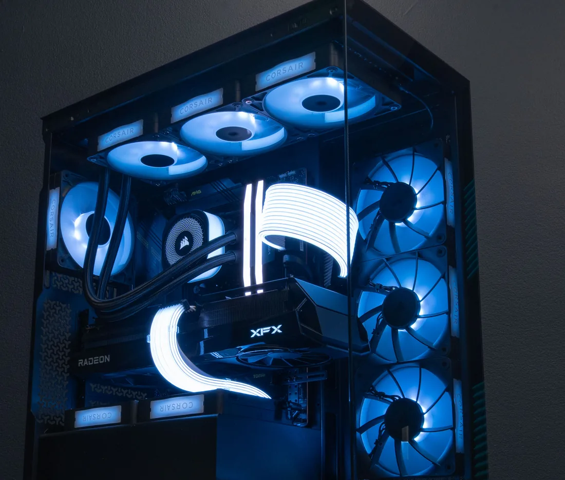Prebuilt Alexander PCs gaming rig with blue Corsair RGB cooling and white cabling
