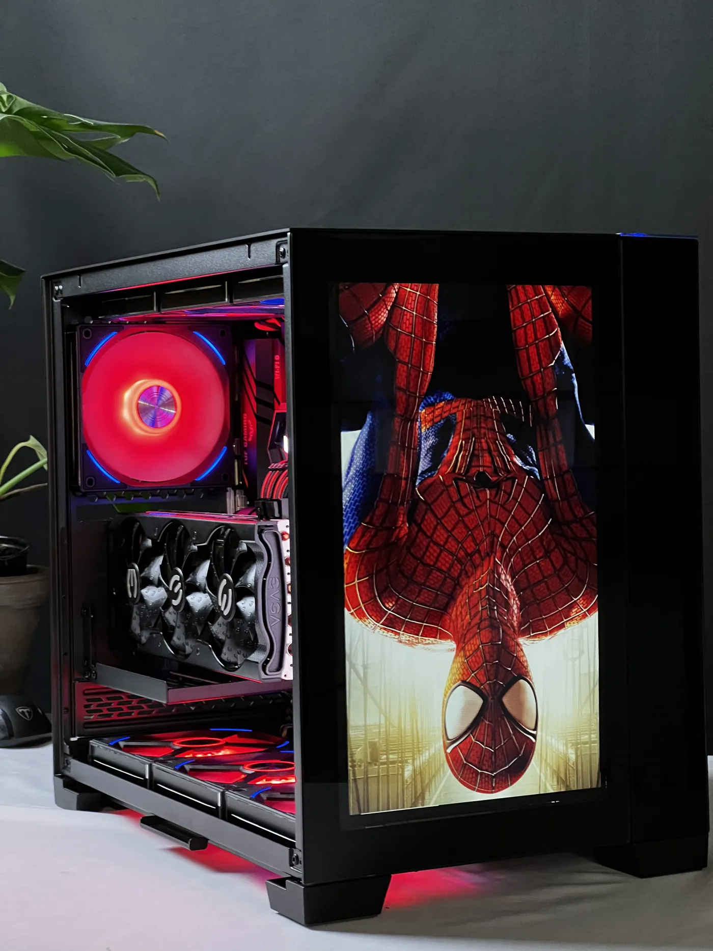 Themed RGB custom build with a hero character display panel