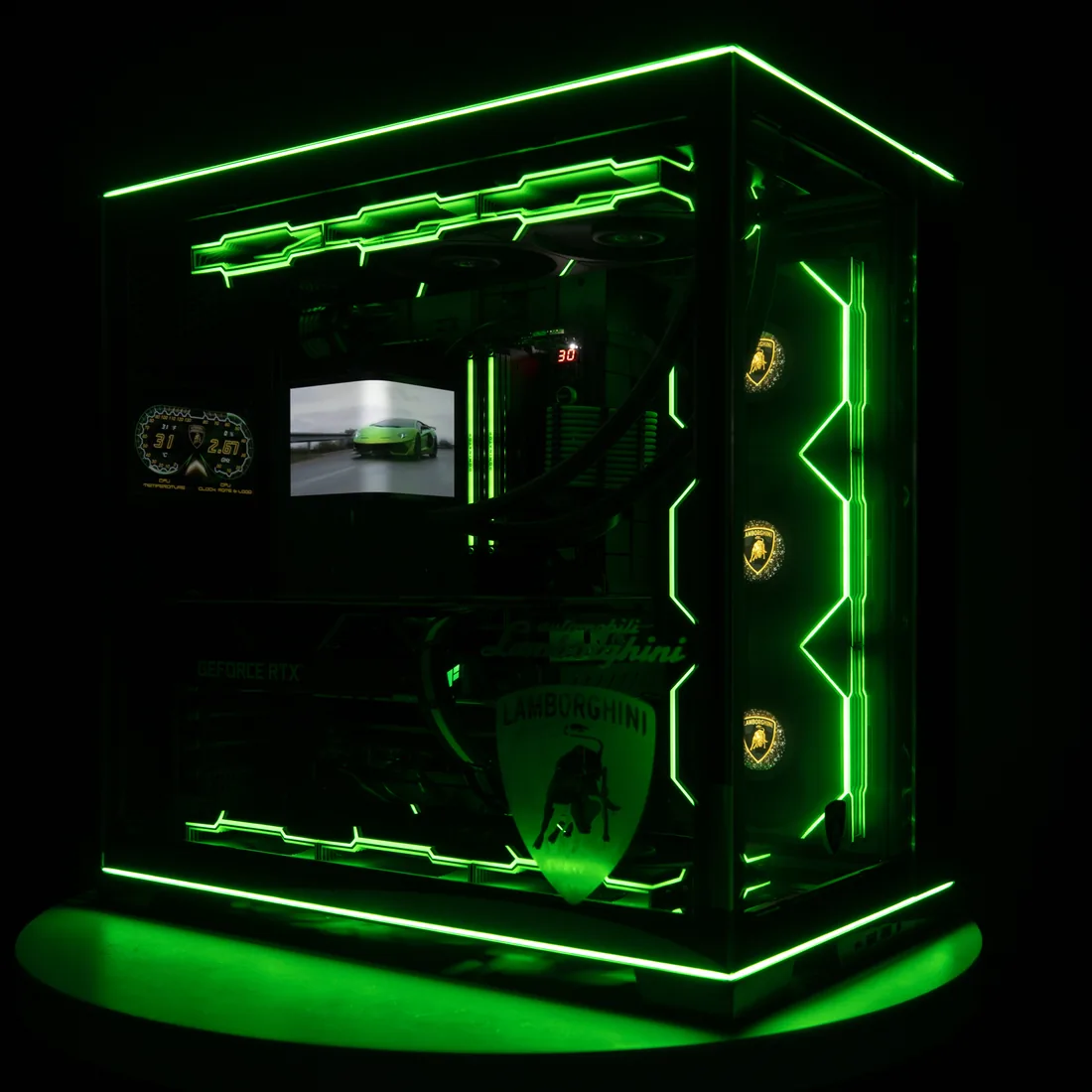 Water-cooled custom build with vivid green interior lighting