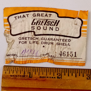 Gretsch #4416 9x13"Rack Tom Drum Paper Label Serial#46151 Vintage 60s Brooklyn