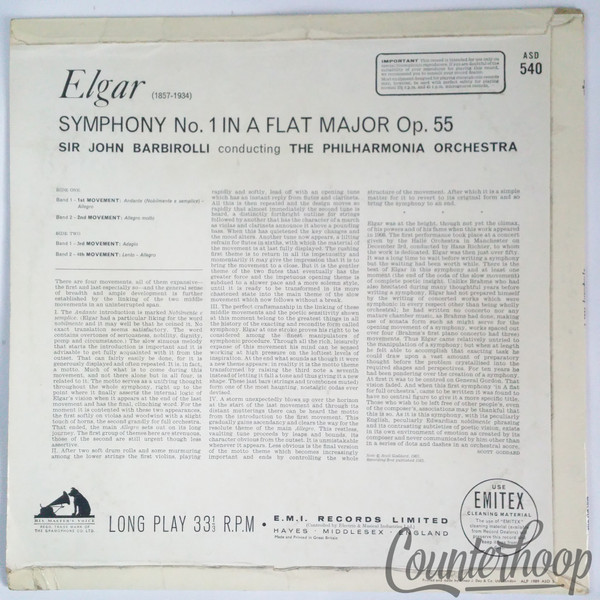 Sir John Barbirolli, Elgar-Elgar Symphony No.1 1963 UK Stereo His Master's Voice