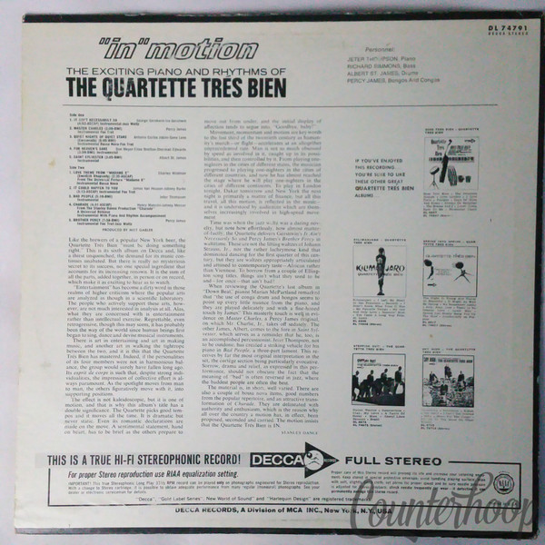 COVER ONLY**The Quartette Trés Bien– "In Motion" The Exciting Piano And Rhythms