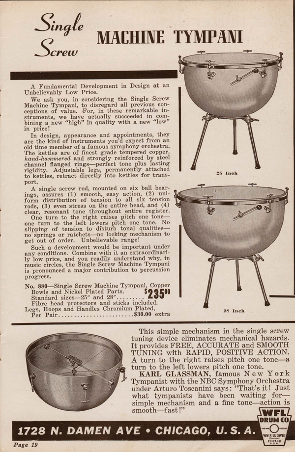 *Ludwig 25" #880 Single Screw Machine Timpani Copper Kettle Drum 3-Legs Portable