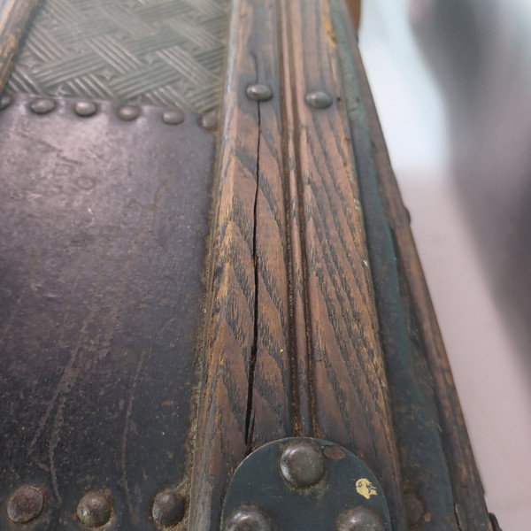 Dome/Barrel-Top Steamer Trunk 19th Century Nat.Wood+Embossed Tin