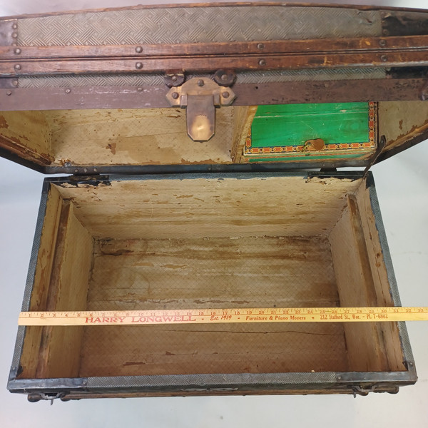 Dome/Barrel-Top Steamer Trunk 19th Century Nat.Wood+Embossed Tin