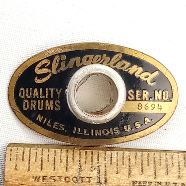 Slingerland Niles Black/Brass'63#8694 Badge Snare/Bass Drum +OG Aluminum Grommet