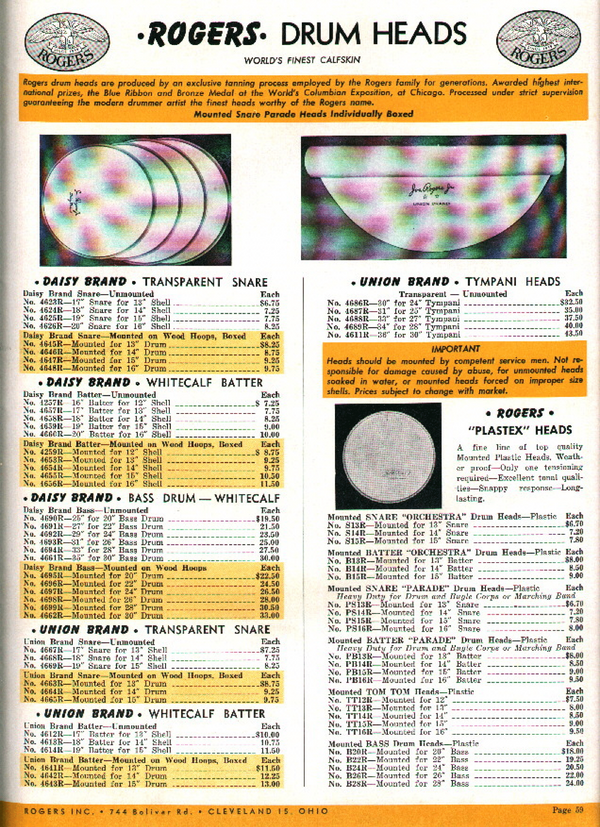 Rogers 15"Daisy Brand White Calf Batter Skin Snare/Tom Drum Head Vintage 50s USA