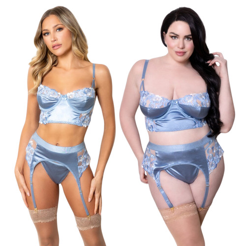 Seven Til Midnight 11672 Three Piece Long Line Bra Set. Embroidered Floral Lace And Satin Long Line Bra With Underwire