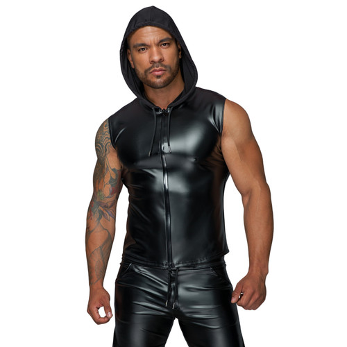 Noir H062 Powerwetlook Sleeveless Hooded Shirt with 2-Way Zipper