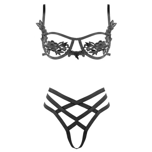 PL013 Open Cup Bra with Embroidered Floral Applique Set Powder Black