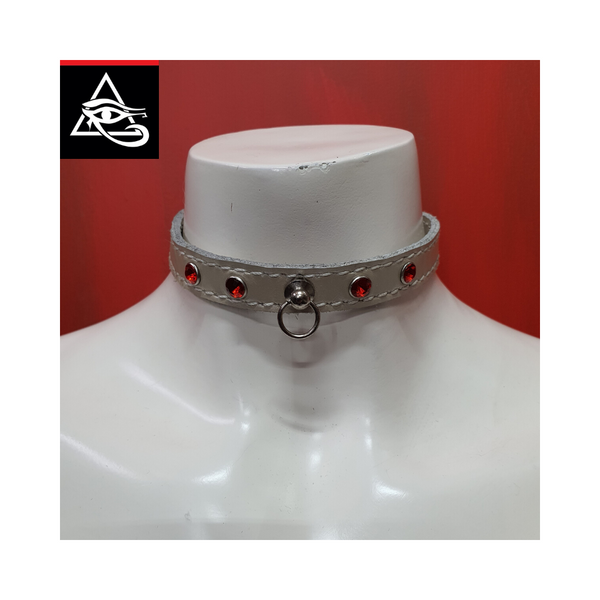 Little House Of Horus Post/Ring Collar White Leather Red Gems