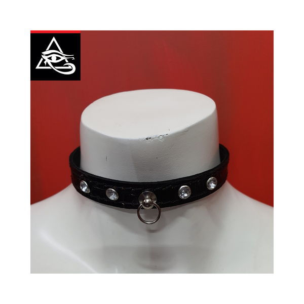 Little House Of Horus Post/Ring Collar Black Croc With Clear Gem