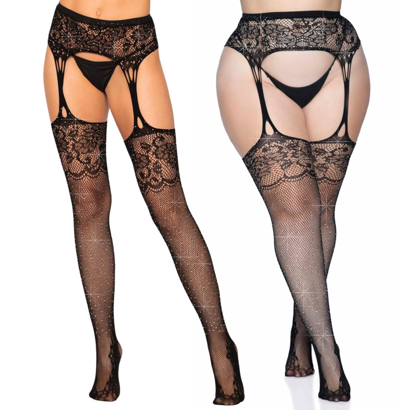Leg Avenue 1605/Q Yana Rhinestone Fishnet Stockings with Garter Belt
