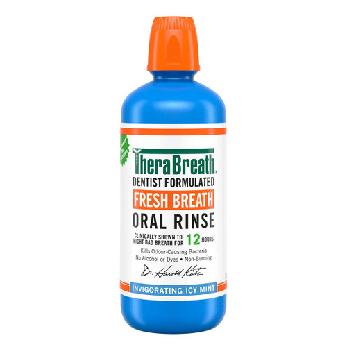 TheraBreath Invigorating Icy Mint Mouthwash, 1L. Dentist formulated oral rinse that is alcohol free, vegan, halal and suitable for everyday use. Exclusive to Chemist Warehouse.