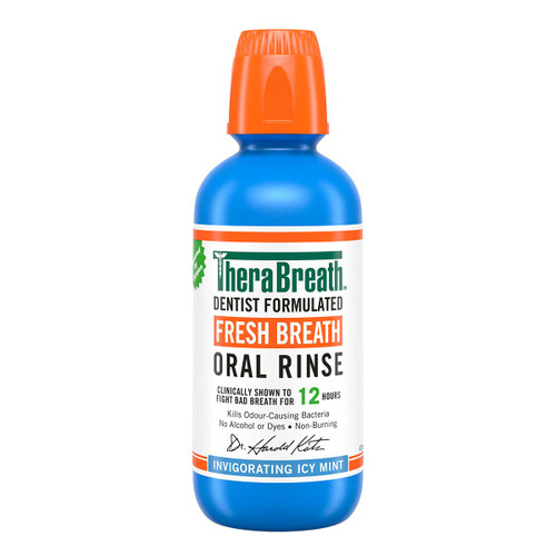 TheraBreath Invigorating Icy Mint Mouthwash, 473ml. Dentist formulated, alcohol free, vegan and Halal. Suitable for everyday use.