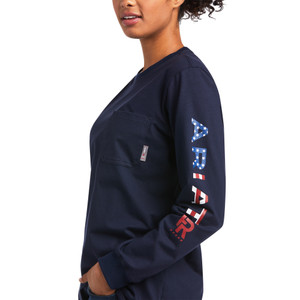 Ariat | Women's FR Stretch Logo LS T-Shirt | Navy/USA Ariat | Women's FR Stretch Logo LS T-Shirt | Navy/USA