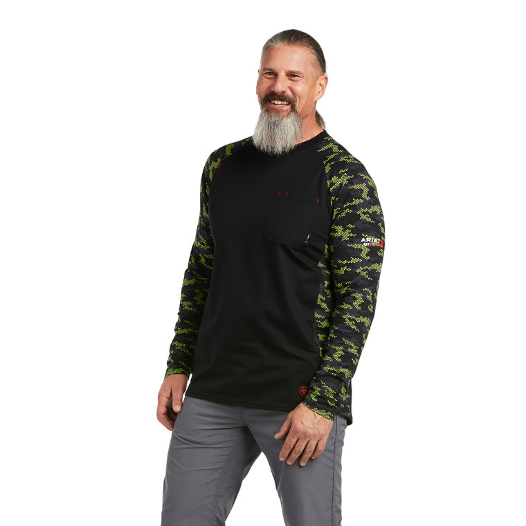 Ariat | FR AC Stretch Camo Baseball LS T-Shirt | Black/Lime