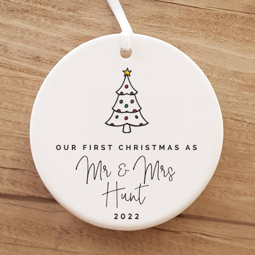 Ribbon & Clay Mr & Mrs Name personalised ornament with Christmas Tree