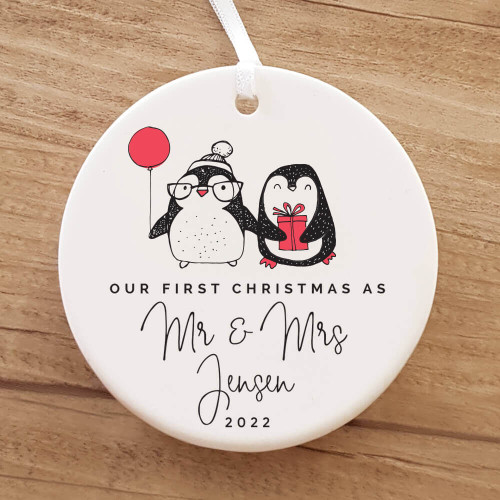 Ribbon & Clay penguin Mr & Mrs Name personalised ornament 2022