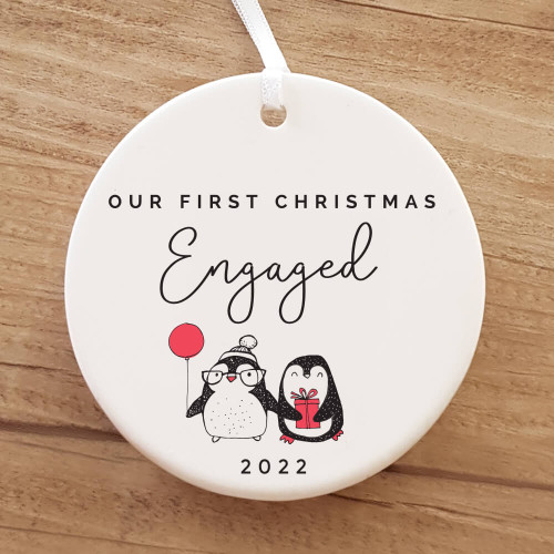 Ribbon & Clay penguin First Christmas Engaged personalised ornament 2022