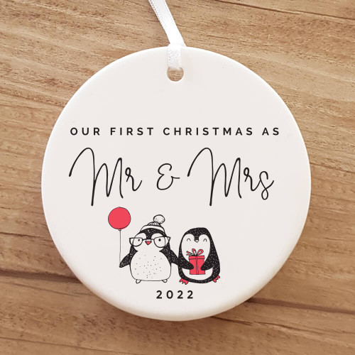Ribbon & Clay penguin First Christmas as Mr & Mrs personalised ornament 2022