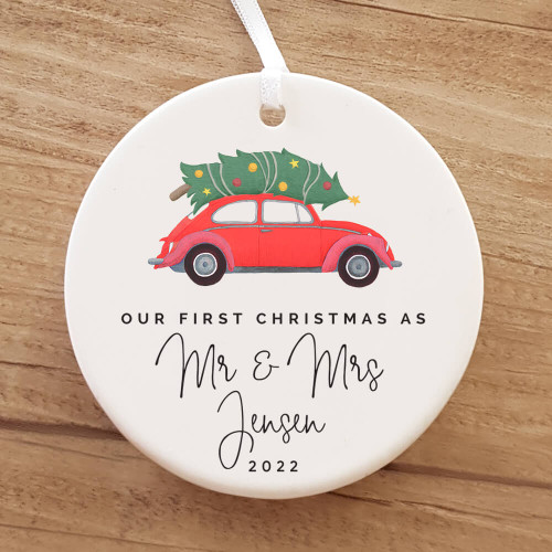 Ribbon & Clay Christmas tree and car Mr & Mrs Name personalised ornament 2022