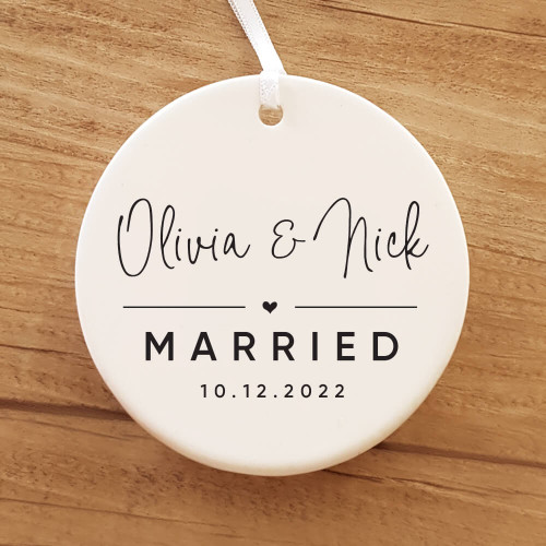 Ribbon & Clay round married ornament