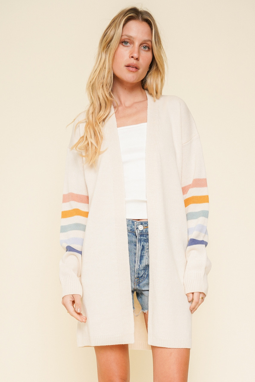 Hem Thread Cream with Pastel Stripe Long Sleeve Open Front