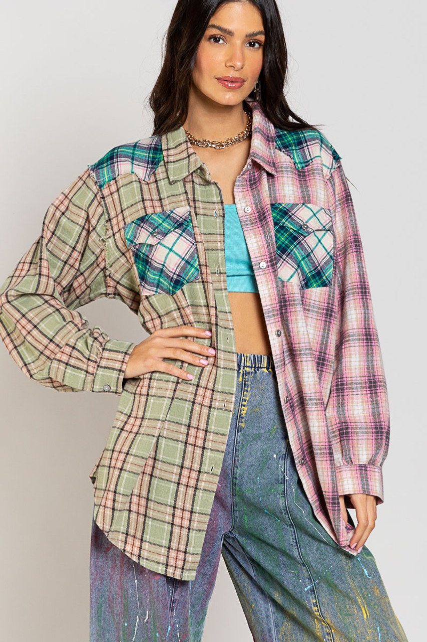 POL Contrasting Plaids Cotton Flannel Relaxed Shirt