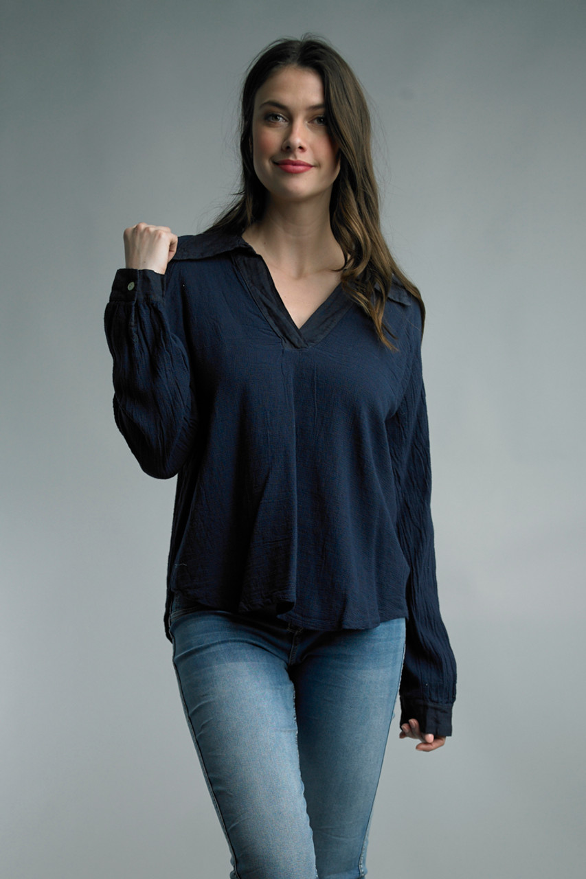 Tempo Paris Navy Linen Collar Top - New Moon Boutique
