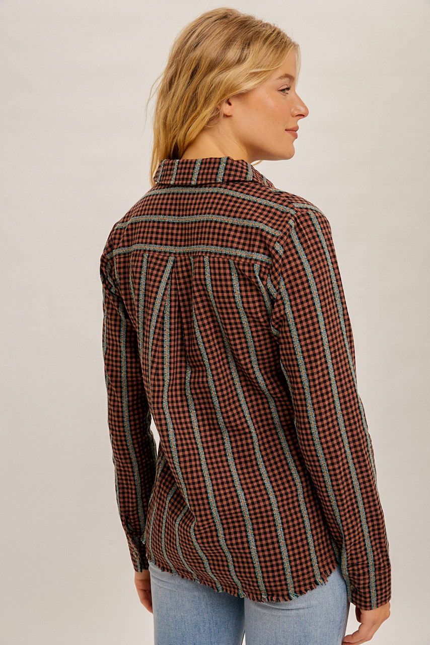 Hem & Thread Brick & Charcoal Embroidered Check Shirt - New Moon