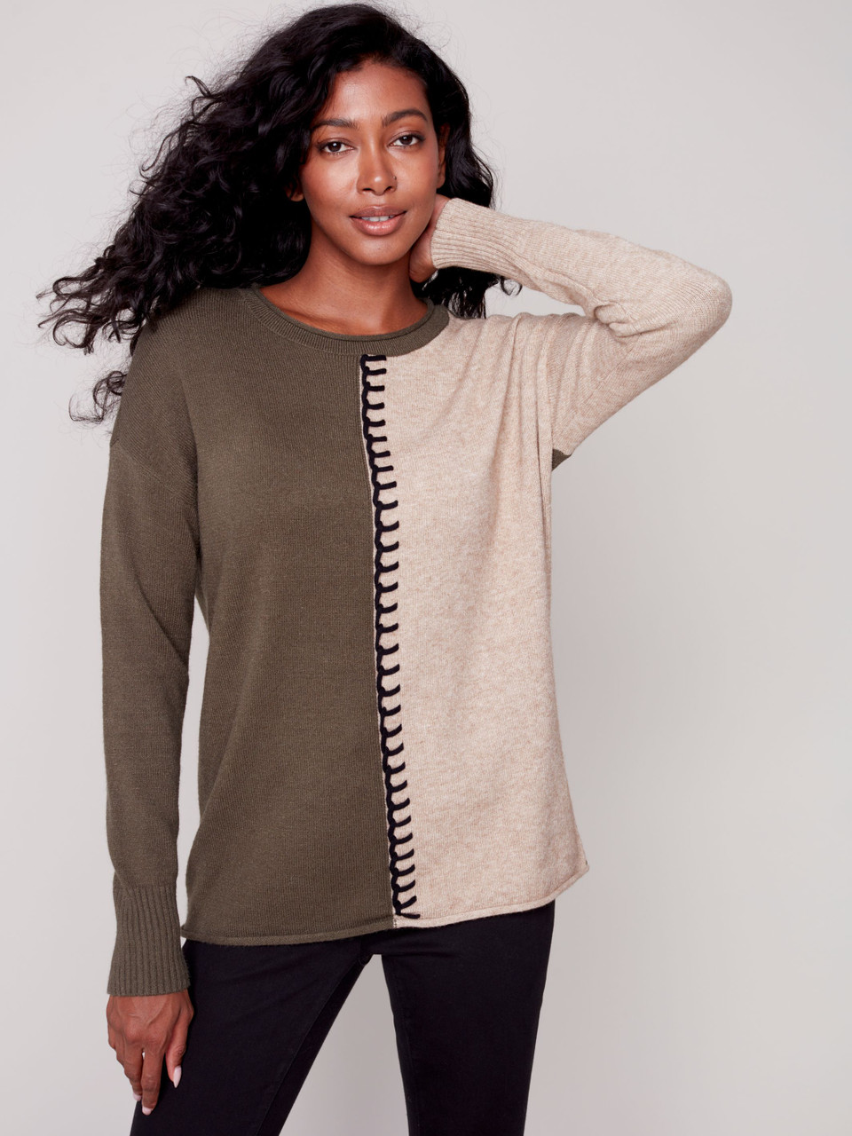 Charlie B Spruce Color Block Whip Stitch Sweater