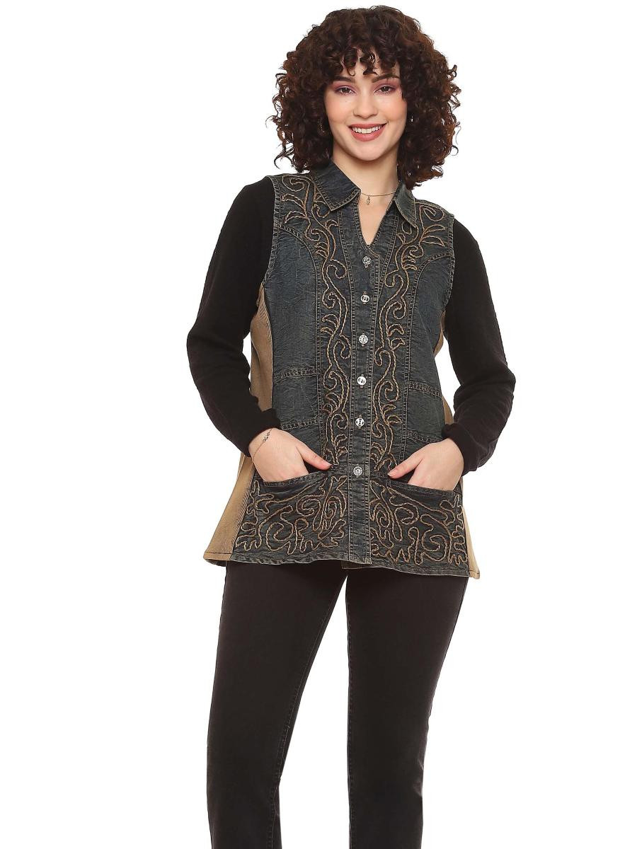 Parsley & Sage Denim Embroidered Vest - New Moon Boutique