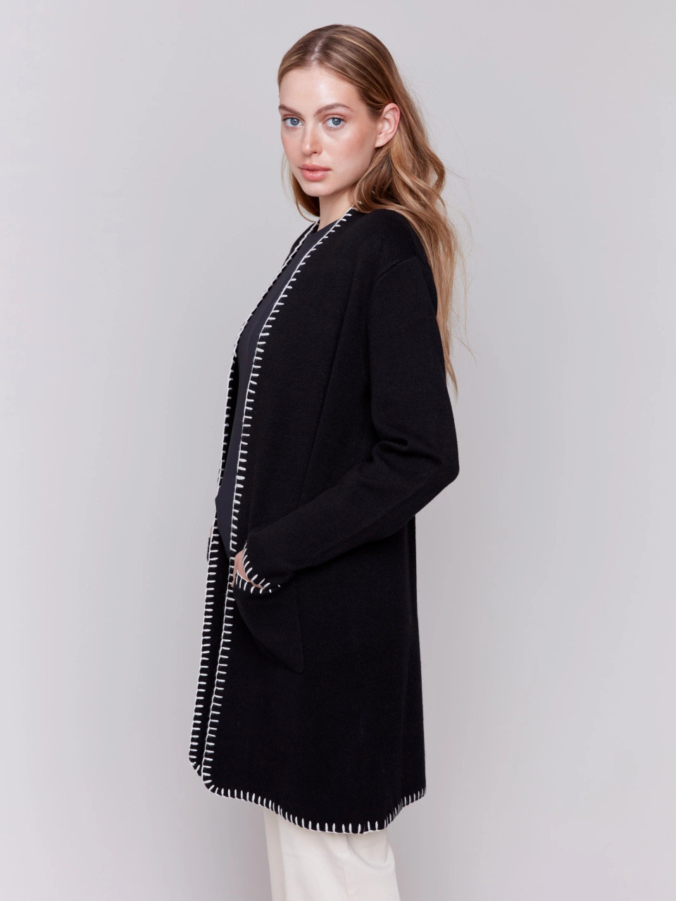 Charlie B Black Blanket Stitch Long Cardigan - New Moon Boutique