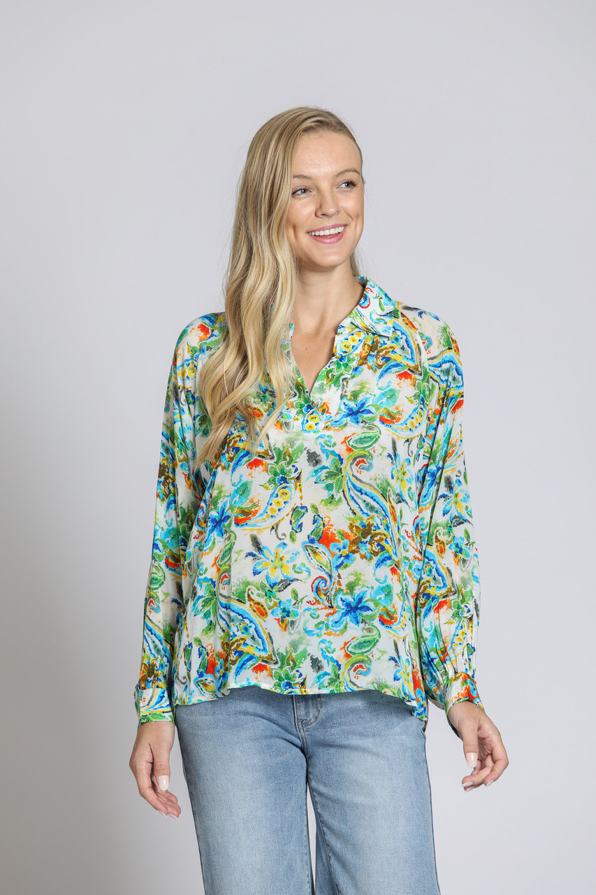 トップス Apolina Hazel Blouse Folk Floral Blue APNY Paisley Floral Silky Half Placket Blouse - New Moon
