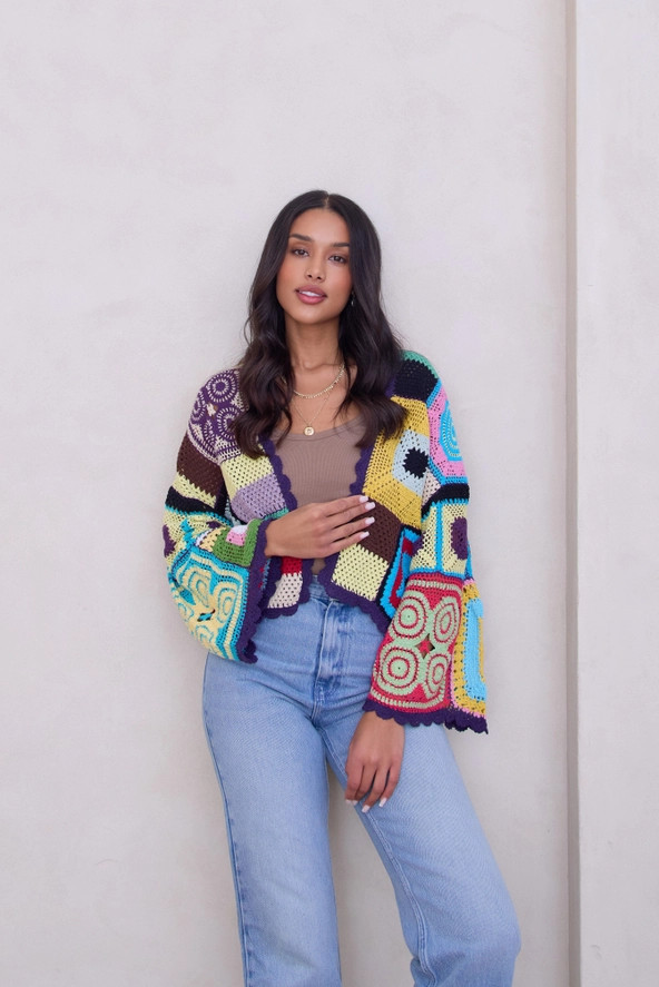 ジャケット・アウター seesee graffti cardigan Vibrant Multi Pattern Crochet Cardigan – SAACHI