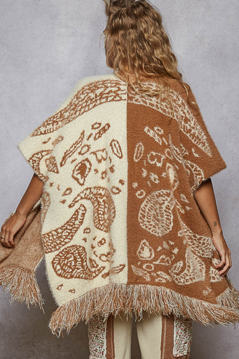 POL Mocha Paisley Cozy Poncho - New Moon Boutique