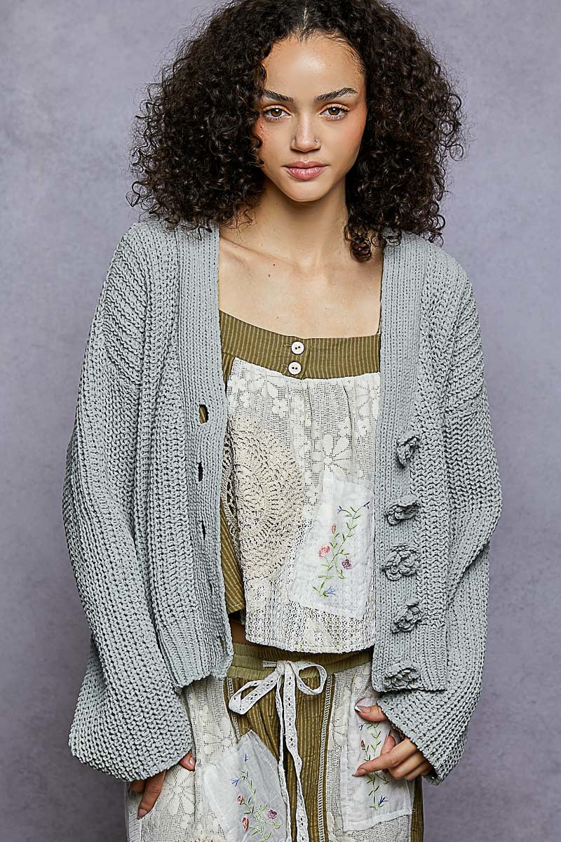 POL Grey Flower Button Crop Cardigan - New Moon Boutique