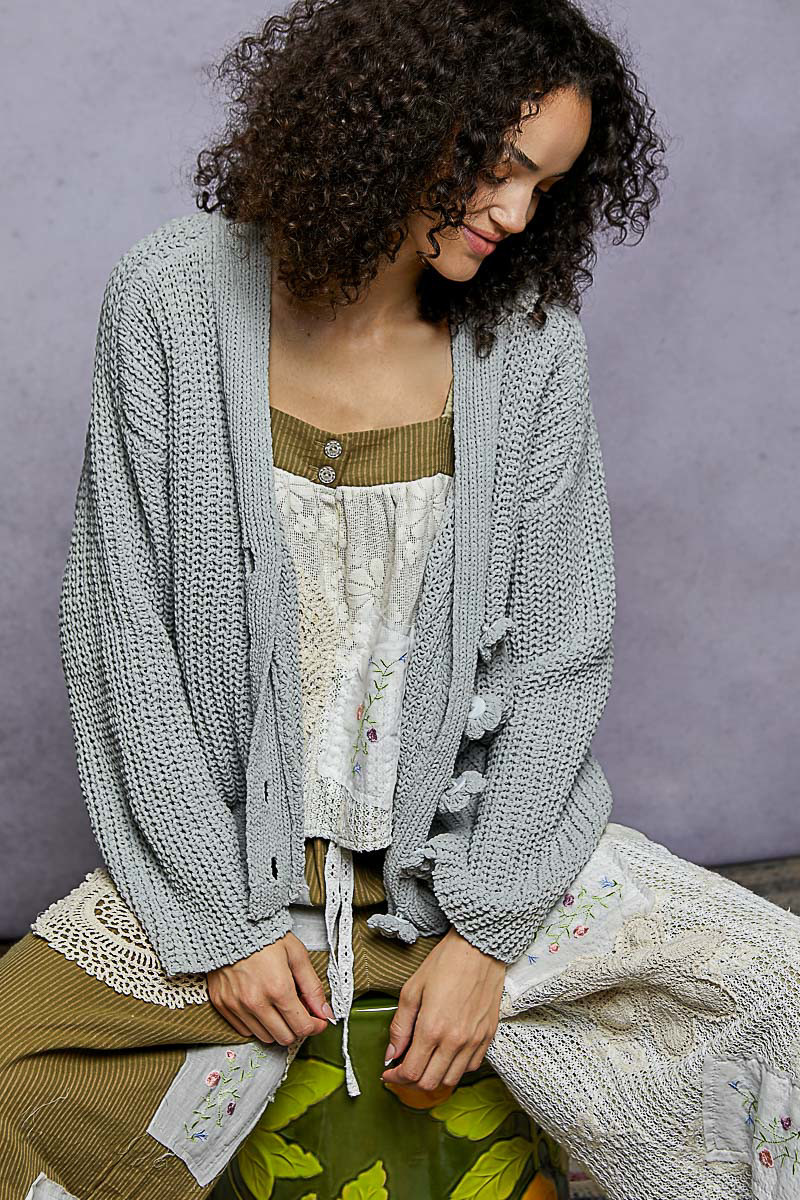 POL Grey Flower Button Crop Cardigan - New Moon Boutique
