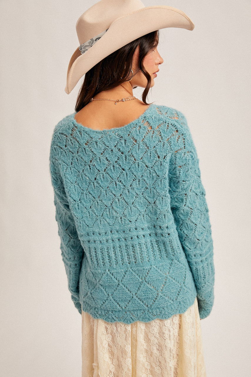 Hem & Thread Aqua Cozy Open Crochet Relaxed Sweater - New Moon