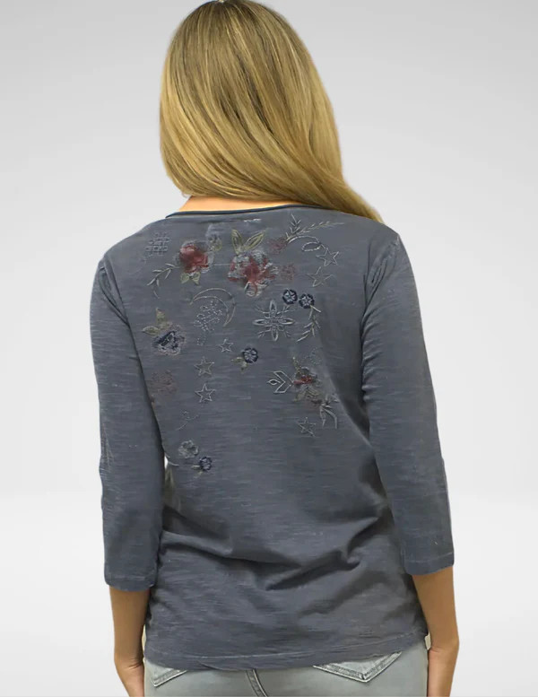 Caite Vintage Blue Embroidered Top - New Moon Boutique