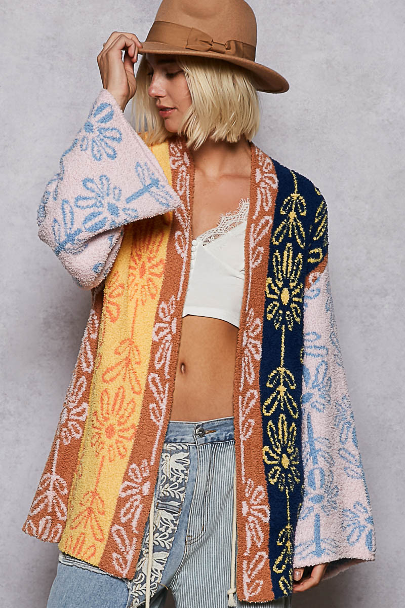 POL Floral Stripe Berber Open Cardigan - New Moon Boutique