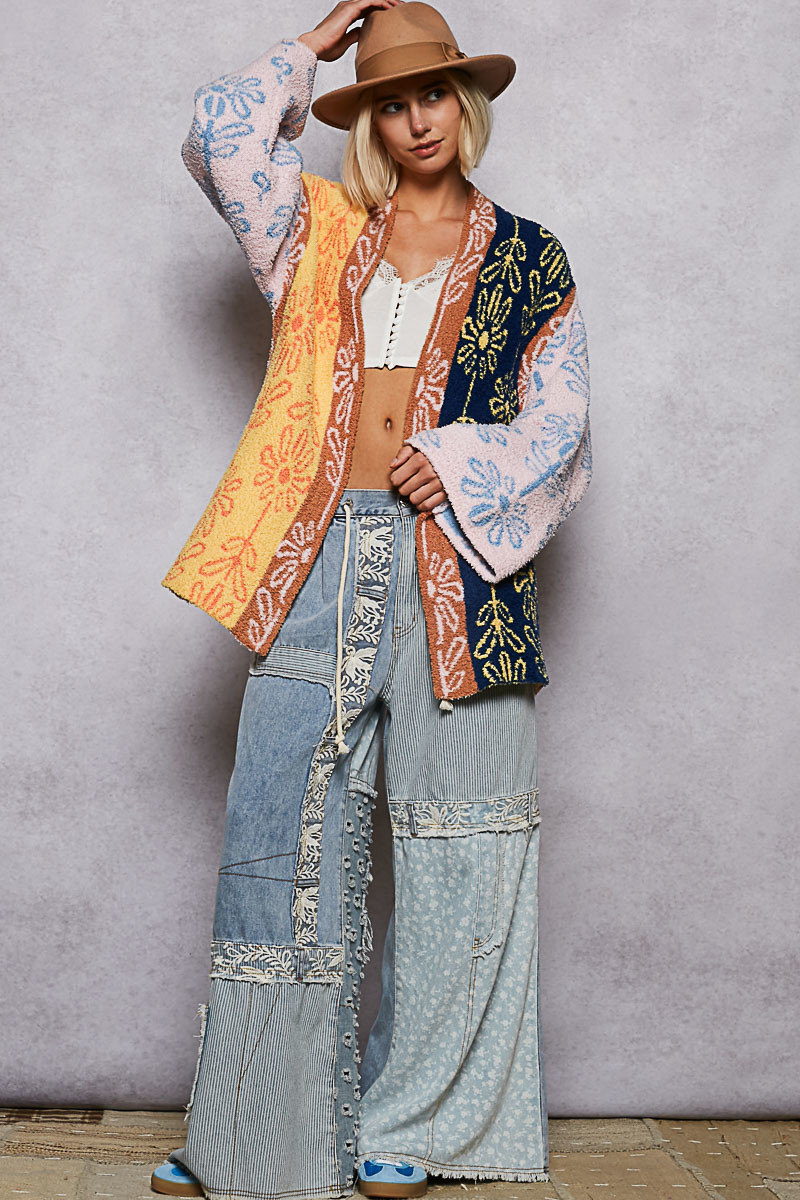 POL Floral Stripe Berber Open Cardigan - New Moon Boutique