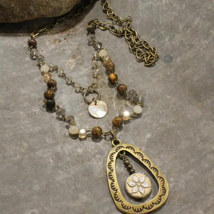 Primitive Peddler Bronze Rosary Chain & Czech Pendant Drop Layered