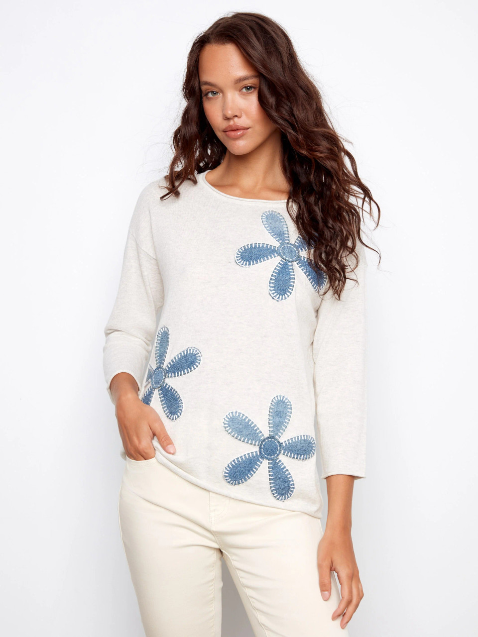 Charlie B Oat Heather Denim Flower Sweater - New Moon Boutique